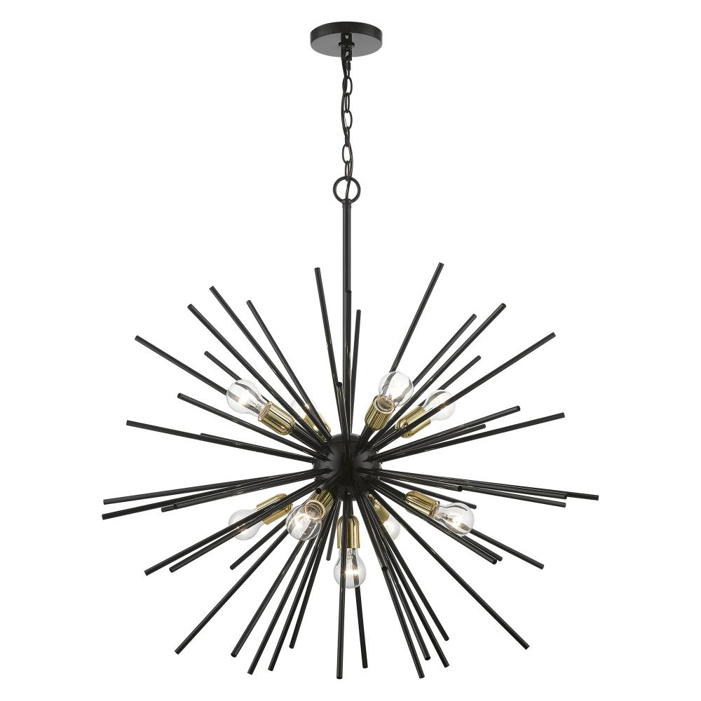 9 Light Shiny Black with Polished Brass Accents Foyer Pendant Chandelier