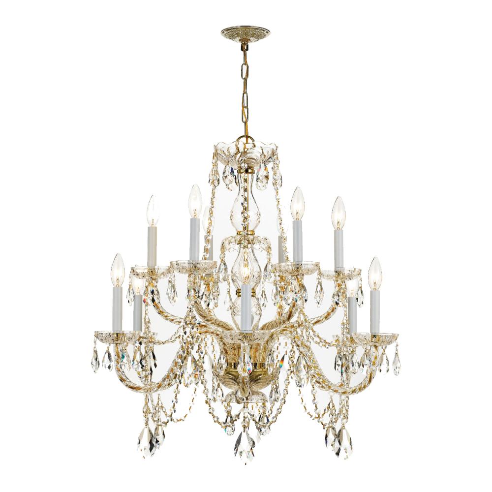 Traditional Crystal 12 Light Clear Italian Crystal Historic Polished Brass Chandelier