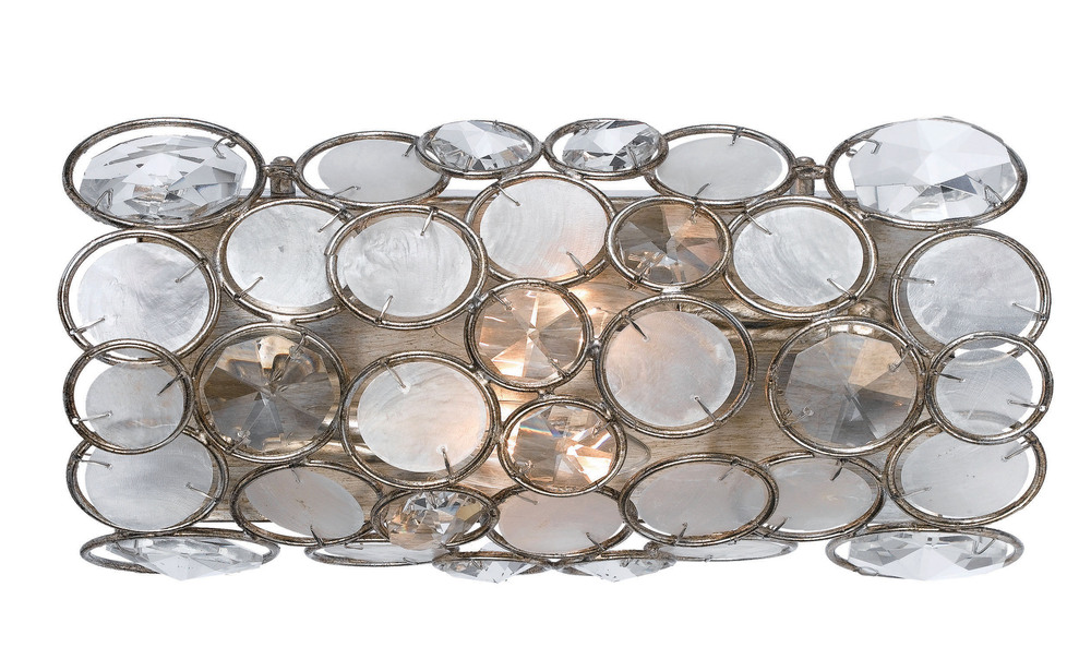 2 Light Antique Silver Eclectic Sconce Draped In Natural White Capiz Shell + Hand Cut Crystal
