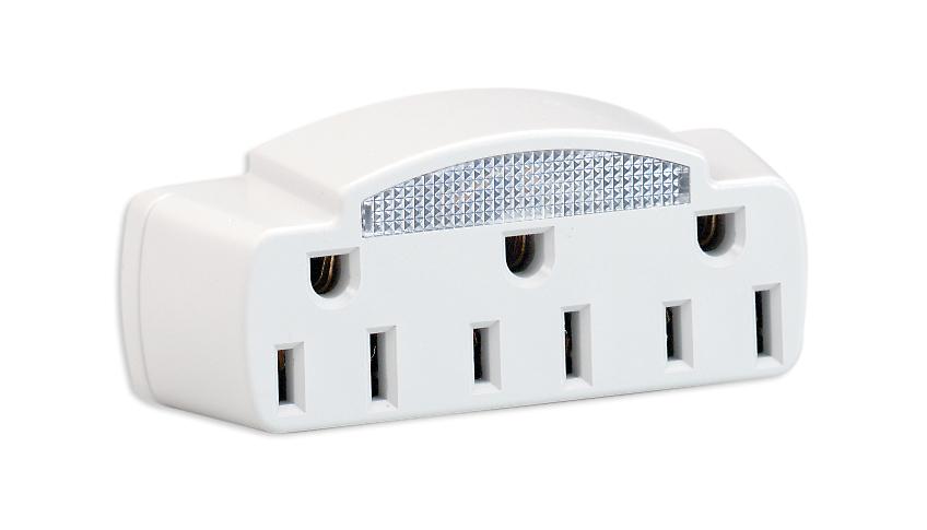 Single To Triple Adapter With Glow Light; White Finish; 15A-125V; 1875W
