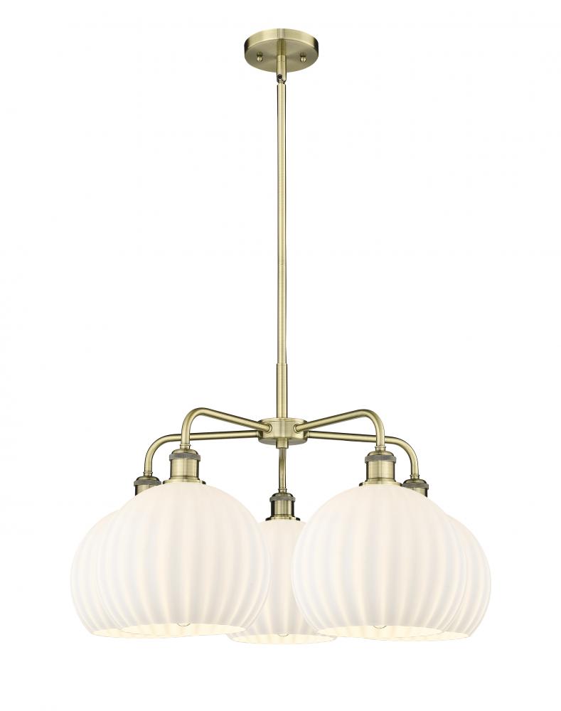 White Venetian - 5 Light - 28 inch - Antique Brass - Chandelier