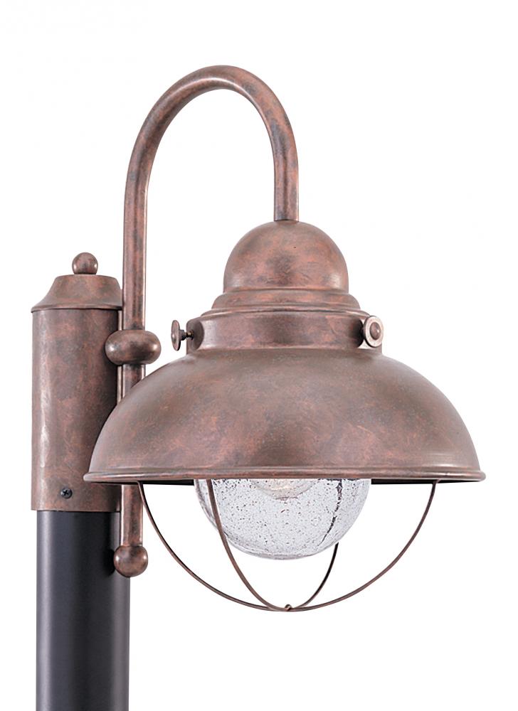 Sebring transitional 1-light outdoor exterior post lantern in weathered copper finish with clear see