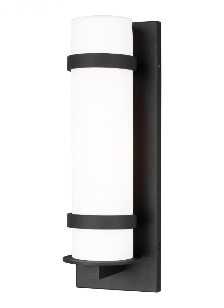 Alban modern 1-light outdoor exterior medium round wall lantern in black finish with etched opal gla