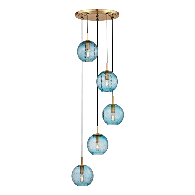 5 LIGHT PENDANT WITH BLUE GLASS