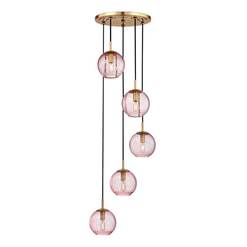 5 LIGHT PENDANT WITH PINK GLASS