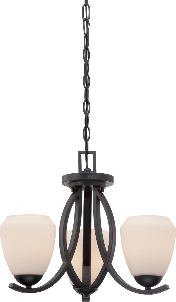 3-Light Semi Flush Mounted Light Fixture in Textured Black Finish with Etched Opal Glass