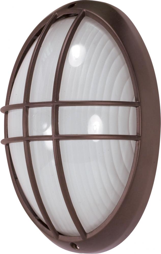 1-Light Large Oval Caged Die-Cast Bulkhead Light in Architectural Bronze Finish with Glass Lens and