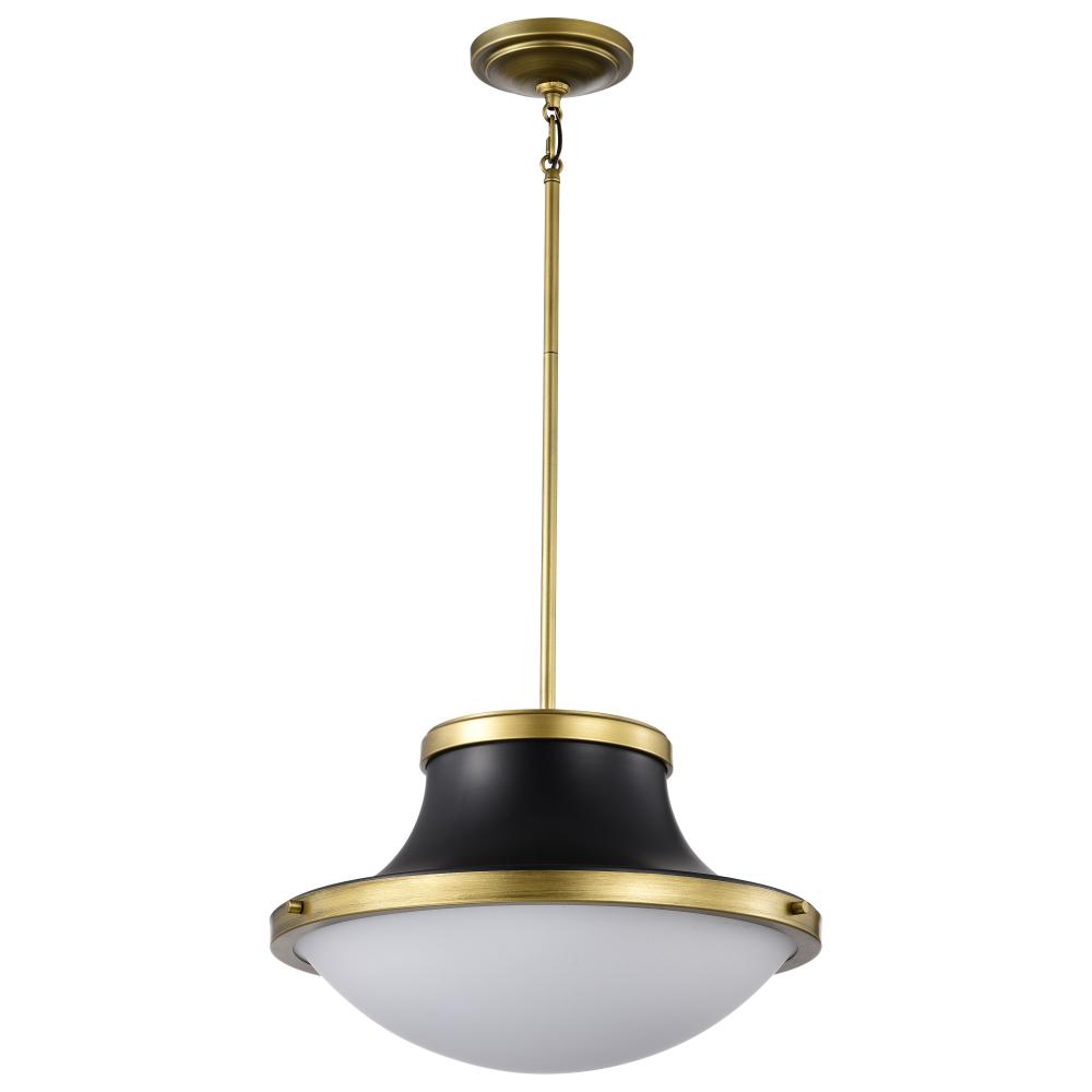 Lafayette 3 Light Pendant; 18 Inches; Matte Black Finish with Natural Brass Accents and White Opal