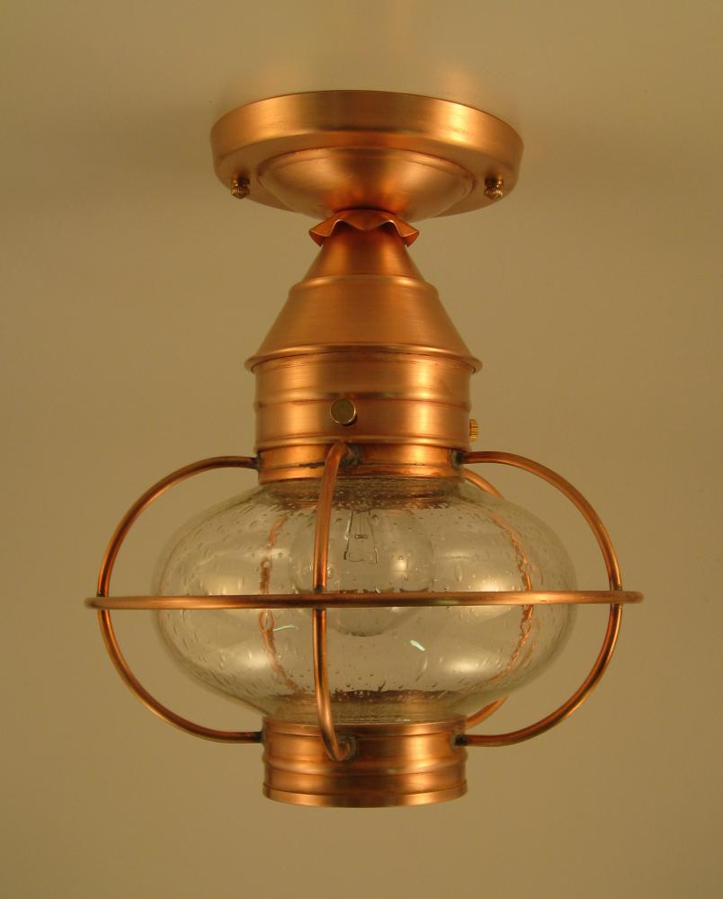 Caged Onion Flush Antique Copper Medium Base Socket Clear Seedy Glass