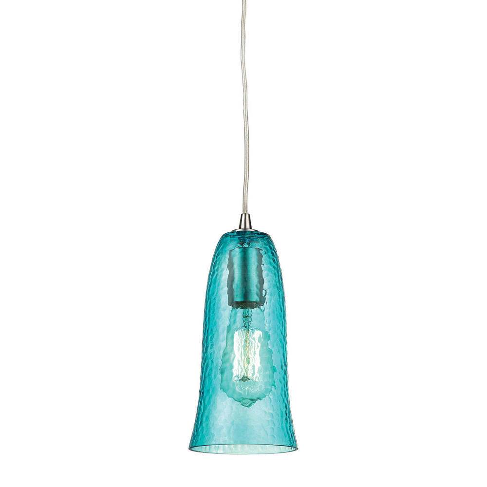 Hammered Glass 1-Light Mini Pendant in Satin Nickel with Hammered Aqua Glass