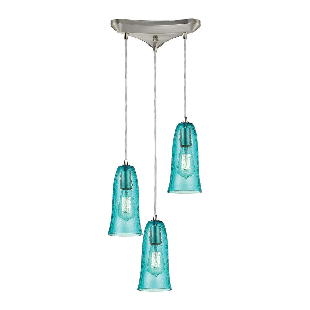 Hammered Glass 3-Light Triangular Pendant Fixture in Satin Nickel with Hammered Aqua Glass