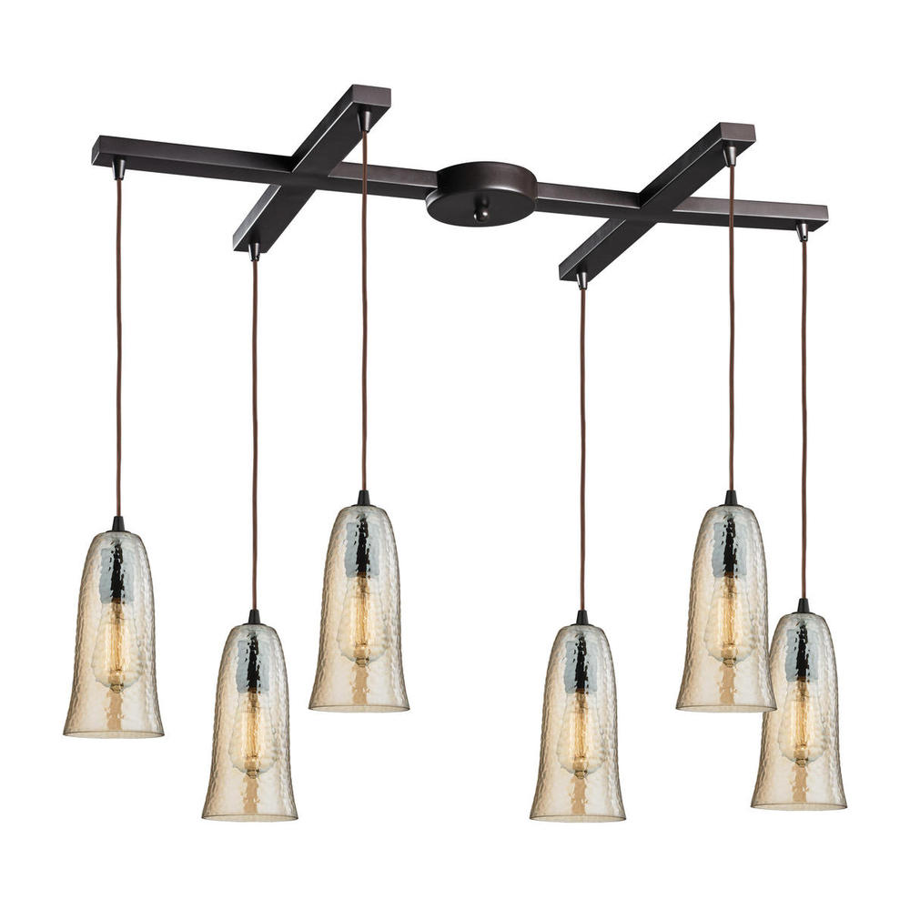 Hammered Glass 6-Light H-Bar Pendant Fixture in Oiled Bronze with Amber-plated Hammered Glass