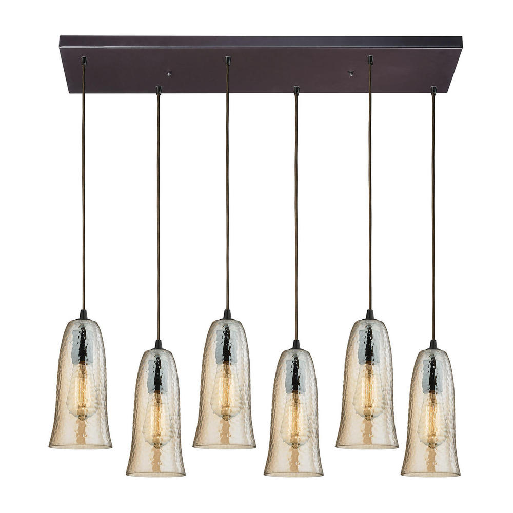 Hammered Glass 6-Light Rectangular Pendant Fixture in Oiled Bronze with Amber-plated Hammered Glass