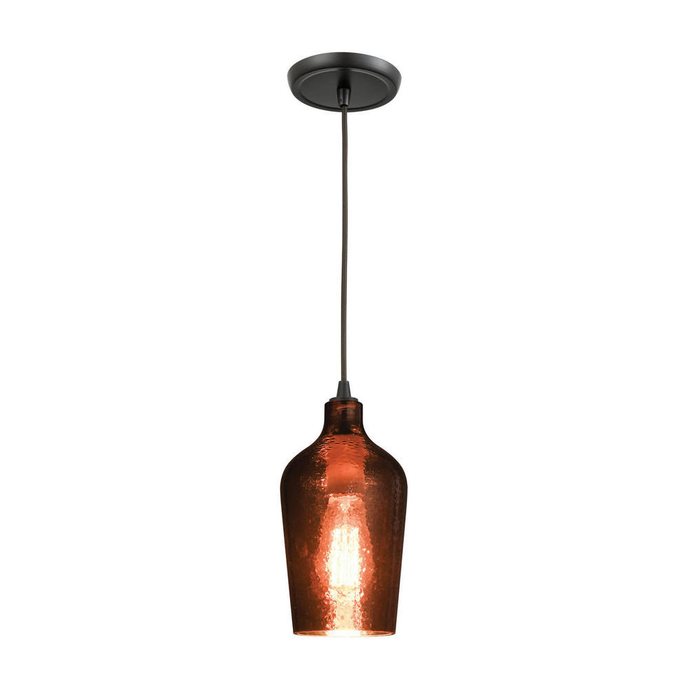 Hammered Glass 1-Light Mini Pendant in Oiled Bronze with Copper-plated Hammered Glass