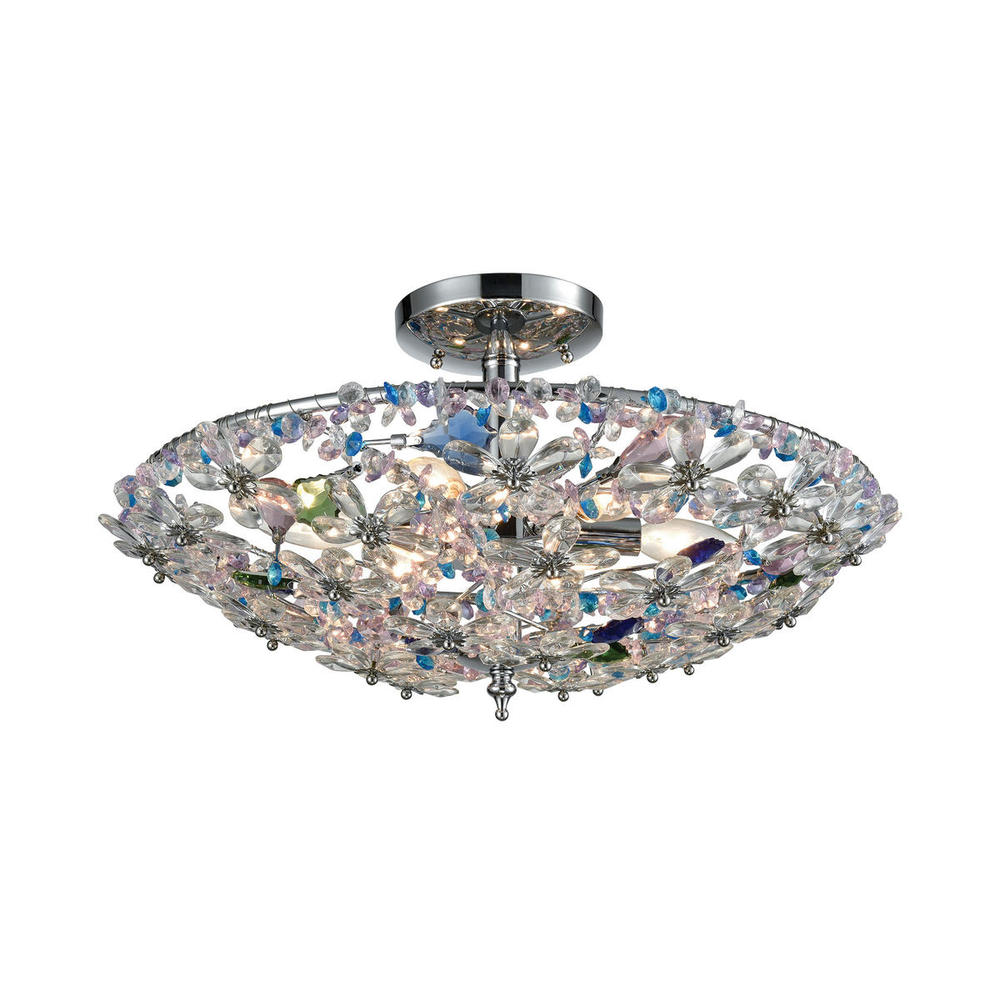 Crystallus 6-Light Semi Flush in Polished Chrome with Multi-colored Crystals
