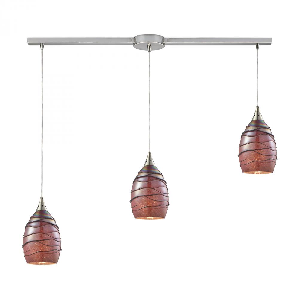 Vines 3-Light Linear Pendant Fixture in Satin Nickel with Rhubarb Glass