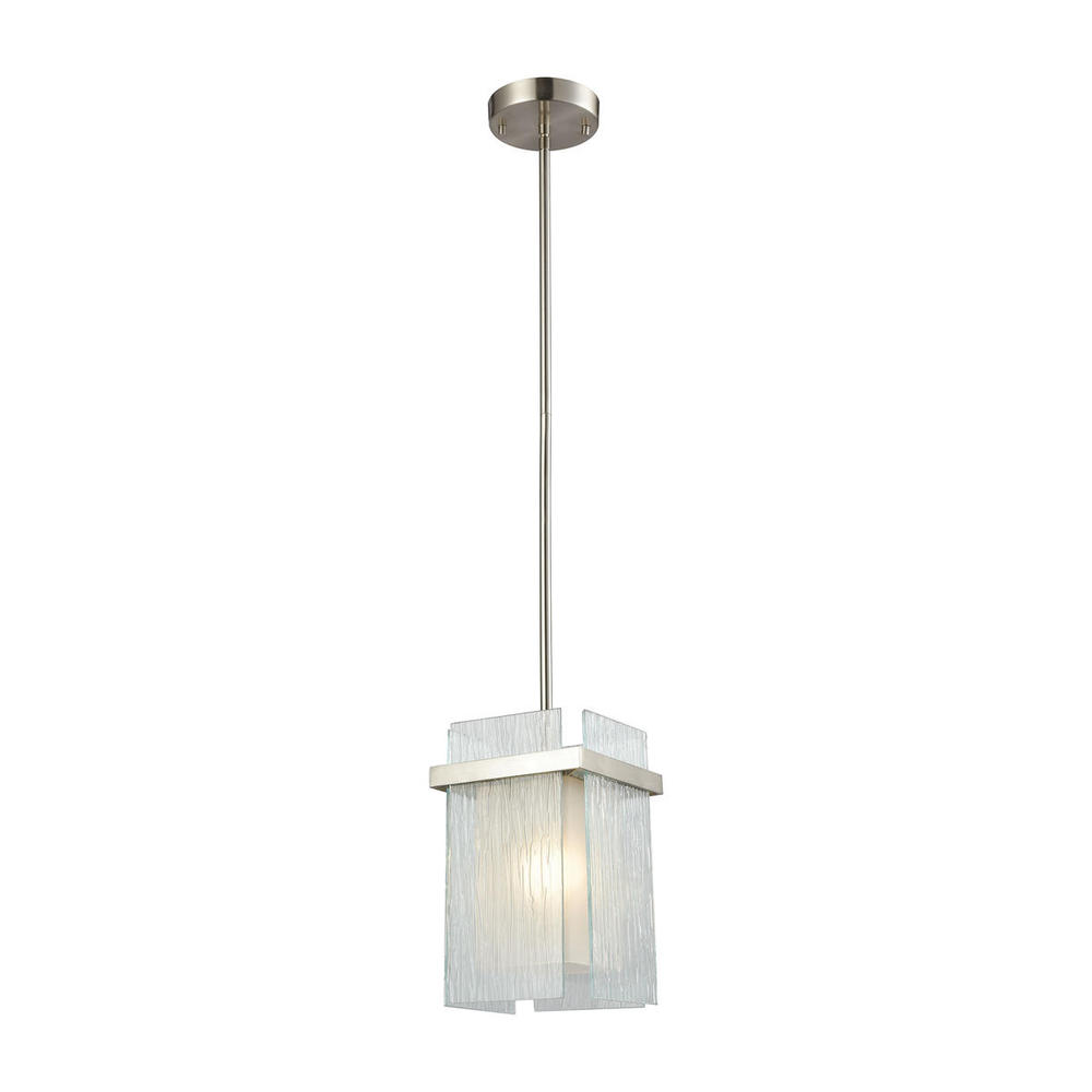 Vellis 1-Light Mini Pendant in Satin Nickel with Frosted Glass Inside Textured Glass Panels