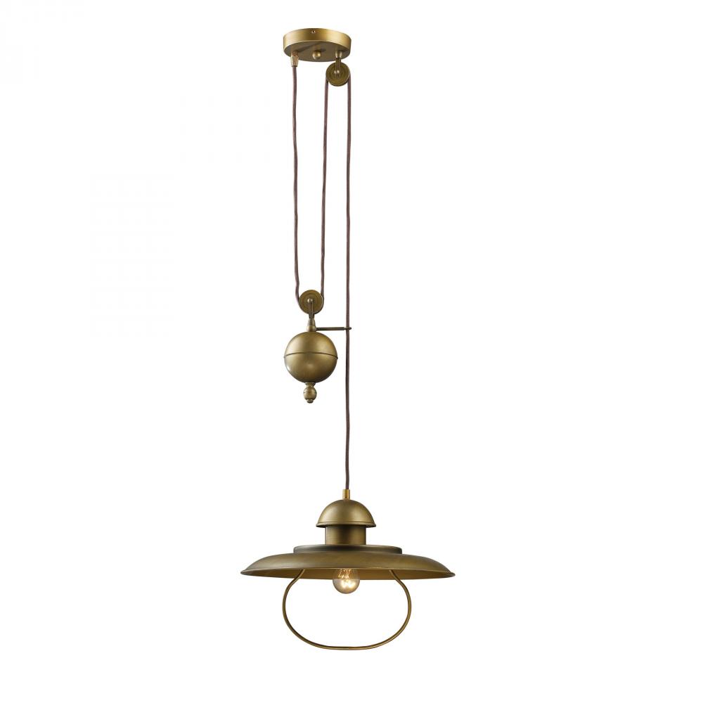 Farmhouse 1-Light Adjustable Pendant in Antique Brass with Matching Shade