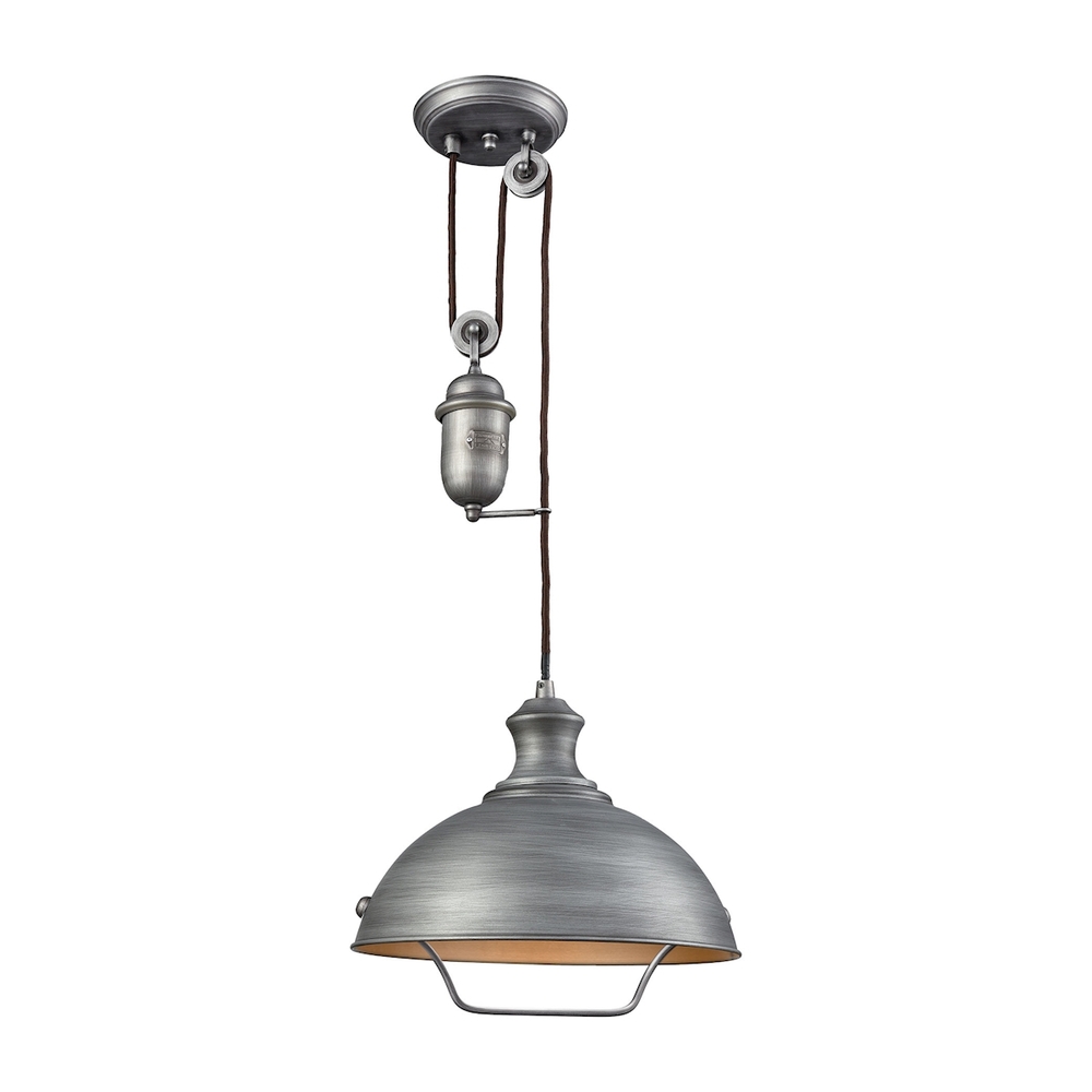 Farmhouse 1-Light Adjustable Pendant in Weathered Zinc with Matching Shade