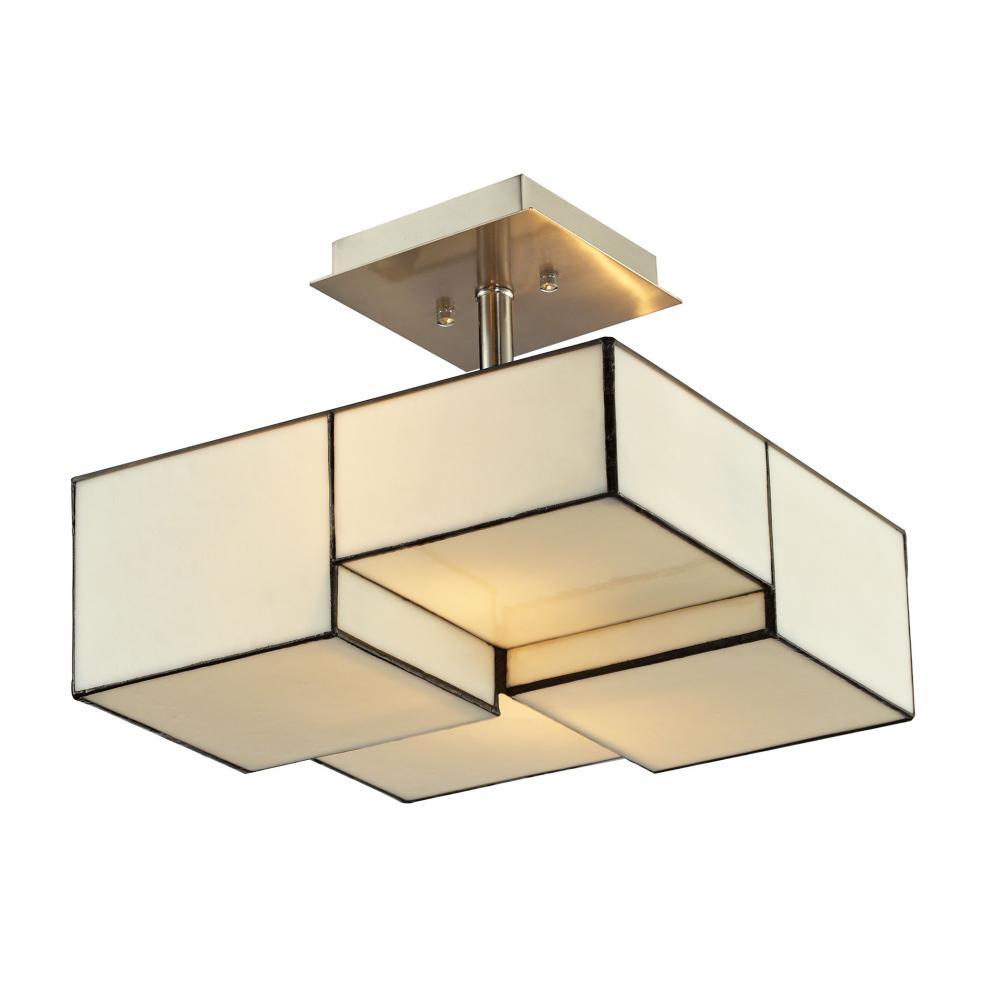 Cubist 2-Light Semi Flush in Brushed Nickel with White Tiffany Glass